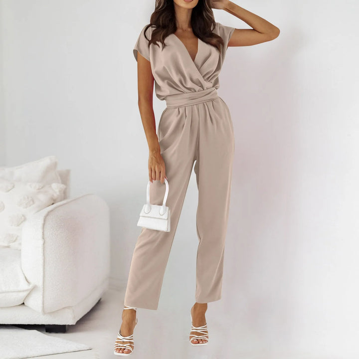 V Neck Short Sleeve High Waist Jumpsuit
