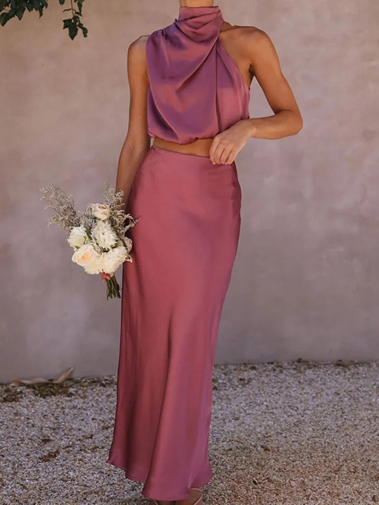 2 piece Skirt Set Satin Summer