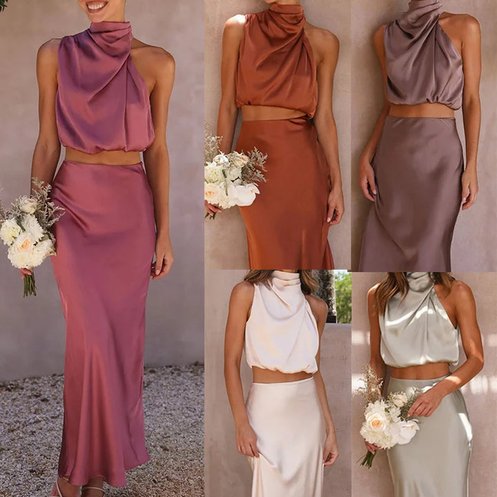 2 piece Skirt Set Satin Summer